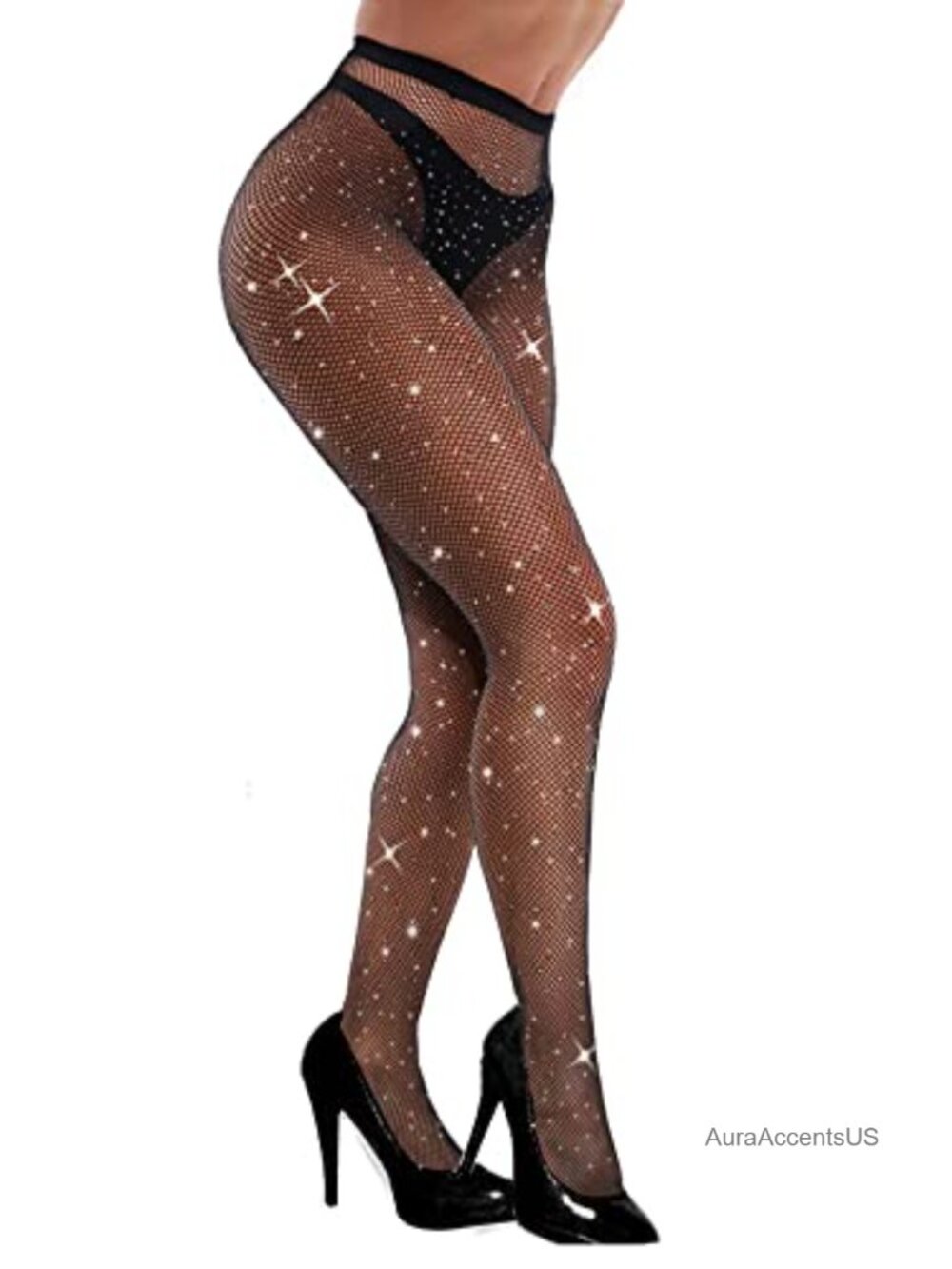 Sparkly Rhinestone Fishnet Tights High Waist Glitter Hosiery Women's Party